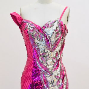 Vintage 80s Prom Pink Sequin Dress Size XXS Alyce Designs// 80s Vintage Metallic Sequin Gown Silver and PInk Drag Queen Pageant Barbie Dress image 4