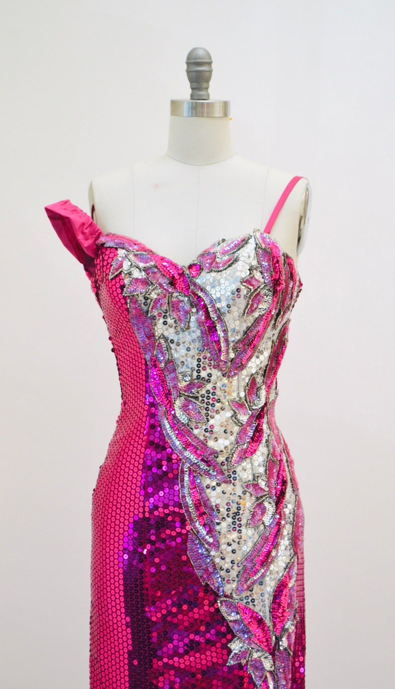 Vintage 80s Prom Pink Sequin Dress Size XXS Alyce Designs// 80s Vintage Metallic Sequin Gown Silver and PInk Drag Queen Pageant Barbie Dress image 4