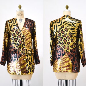 80s 90s Vintage Sequin Jacket Black Small Medium Leopard Cheetah Animal Pattern// 90s Metallic Gold Black Sequin Jacket French Collizioni image 2