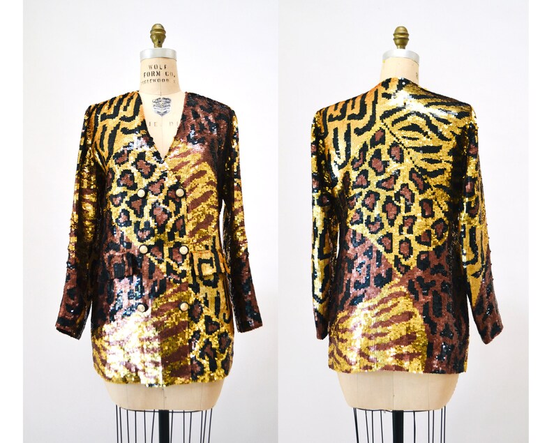 80s 90s Vintage Sequin Jacket Black Small Medium Leopard Cheetah Animal Pattern// 90s Metallic Gold Black Sequin Jacket French Collizioni image 2