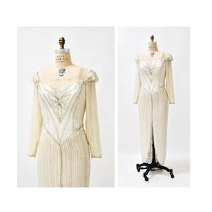 80s 90s Vintage Silver White Cream Beaded Sequin Gown Dress Small Medium By Bob Mackie Silk// Vintage Wedding Gown Sequin Beaded Silver Gown