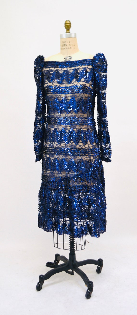 Vintage 80s 90s Lace Sequin Dress Metallic Blue  … - image 3