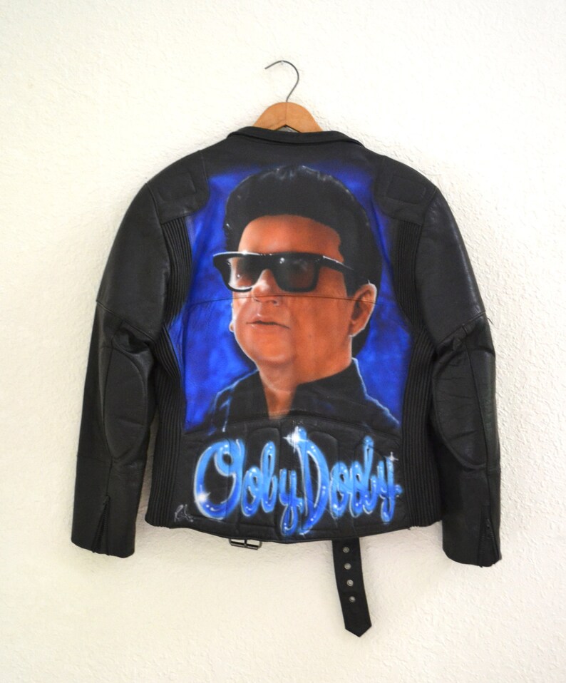 Vintage Black Leather Motorcycle Jacket Roy Obison Mens Medium Biker Air Brushed Hand Painted 50s Rock