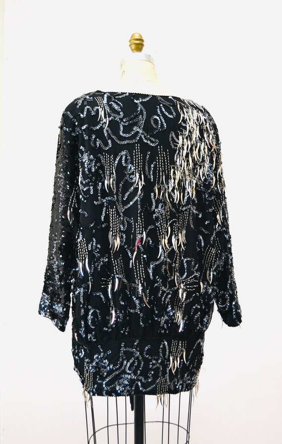 80s Glam Sequin Party Top Black Silver Metallic 8… - image 8
