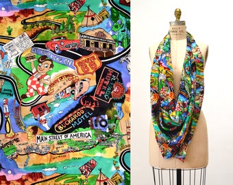 90s Vintage Vacation Roadtrip Scarf Nicole Miller Silk Large Scarf with America USA Vacation Scarf Pop Art Large Scarf