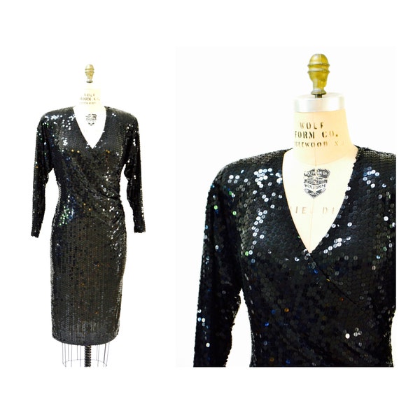 80s 90s Vintage Black Sequin Dress Wrap Dress Med… - image 1