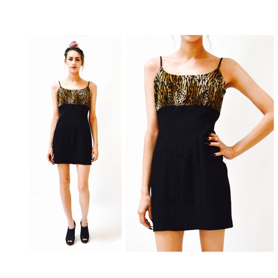 90s Vintage black Tank Dress Animal Print Dress M… - image 1