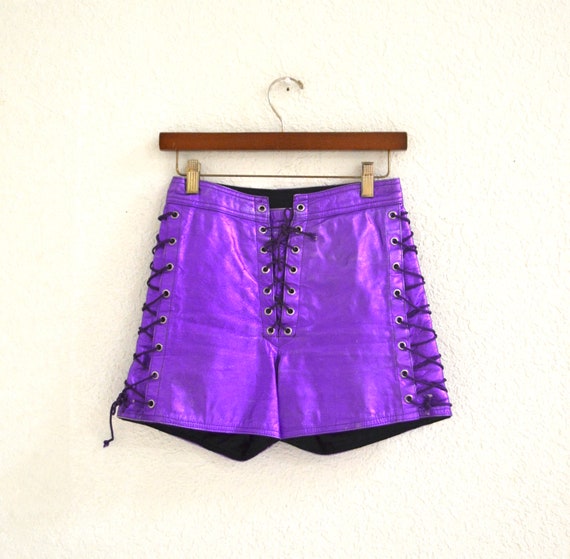 80s 90s Vintage Metallic Purple Leather Shorts Hot