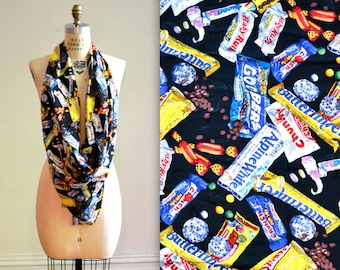 90s Vintage Nicole Miller Silk Large Scarf with Junk Food Candy Chocolate Butter Fingers Pop Art