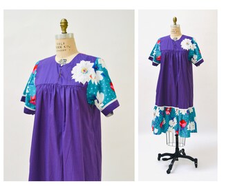 80s Vintage Floral Print Dress Size Large Cotton Hawaiian Print Moo Moo Dress Purple Green Polka Dot Large Plus Size Summer cotton Dress