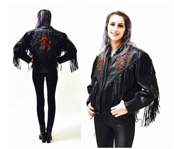 Vintage zwart leren motorjack met Fringe Rode Rozen Bloemen Vintage zwart lederen biker jas met strass & zilver studs | Etsy