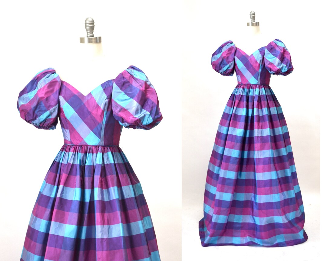 Vintage 80s 90s Purple Plaid Ball Evening Gown Dress XXS XS Victor ...