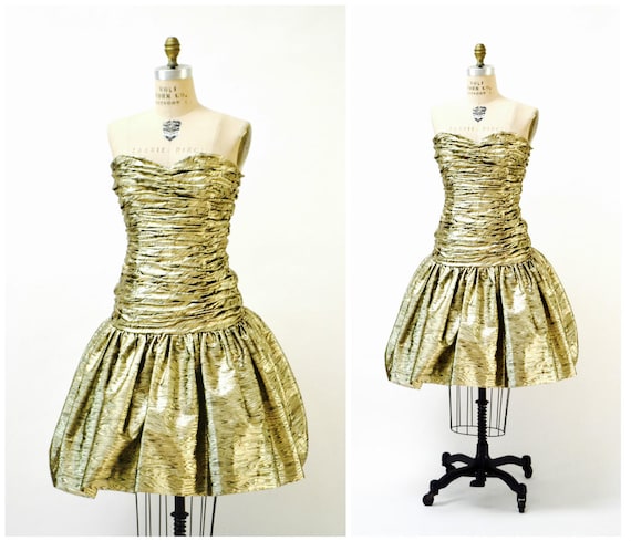 Vintage Metallic 80s Prom Dress Gold By Victor Cos