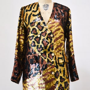 80s 90s Vintage Sequin Jacket Black Small Medium Leopard Cheetah Animal Pattern// 90s Metallic Gold Black Sequin Jacket French Collizioni image 5