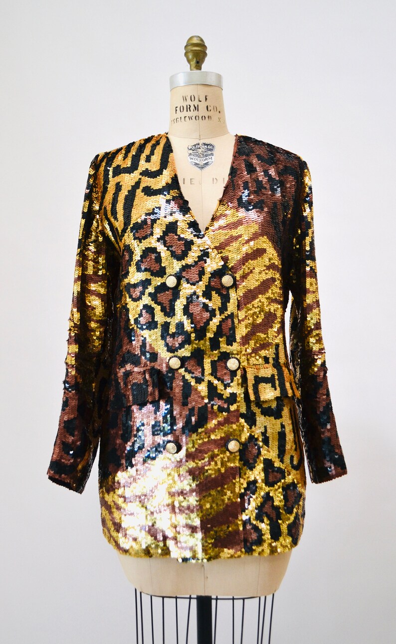 80s 90s Vintage Sequin Jacket Black Small Medium Leopard Cheetah Animal Pattern// 90s Metallic Gold Black Sequin Jacket French Collizioni image 5