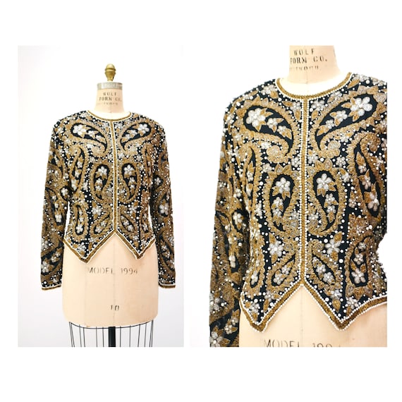 80s 90s Vintage Metallic Beaded Paisley Shirt Top… - image 1