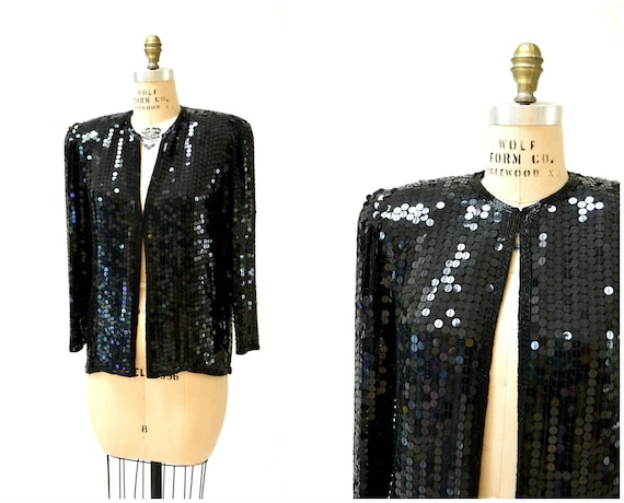 Vintage Black Sequin Jacket Small Medium// Black … - image 1