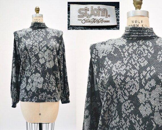 80s Vintage St. John Black Gray Sweater Pull OVer… - image 1