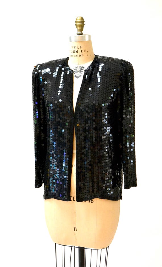 Vintage Black Sequin Jacket Small Medium// Black … - image 5