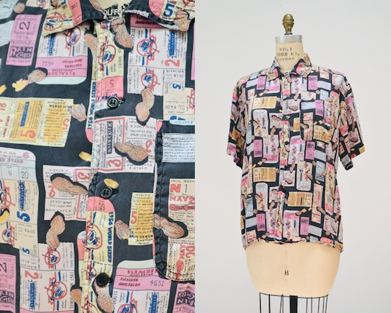 90s Vintage Nicole Miller Silk Shirt New York Yankees Baseball NYC Vintage Printed button Down XS Mens Printed Silk Shirt Womens Large