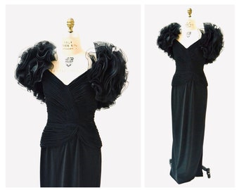 80s 90s Vintage Black Dress Evening Gown Ruffles Size XS Small // 80s 90s Glam Black Pageant Prom Dress Gown By Rose Taft Dynasty Dress