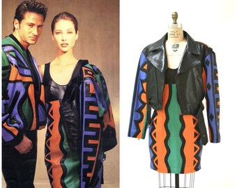 90s Vintage Black Leather Motorcycle Jacket Michael Hoban North Beach Tribal// Vintage Leather Biker Jacket Black Green Orange Small Medium