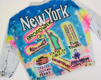 80s 90s Vintage Denim Jacket New York City Painted Rhinestones Airbrushed JEAN Jacket Medium Large Tony Alamo Inspired Stone Acid Wash Denim