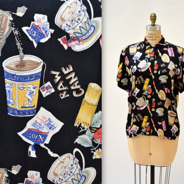 90s Vintage Nicole Miller Silk Shirt Size Large with Food Coffee Tea Sugar Print