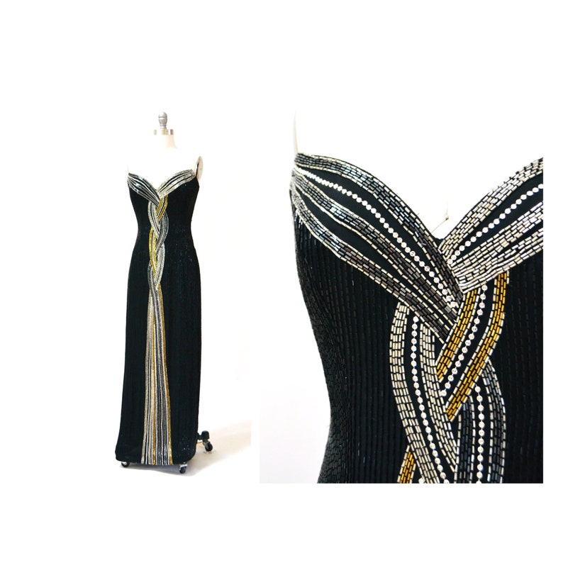 80s 90s Vintage Beaded Sequin Gown Dress By Bob Mackie Black Silver Strapless Black Beaded Gown BoB Mackie Cher Pageant Dress XS Small image 2