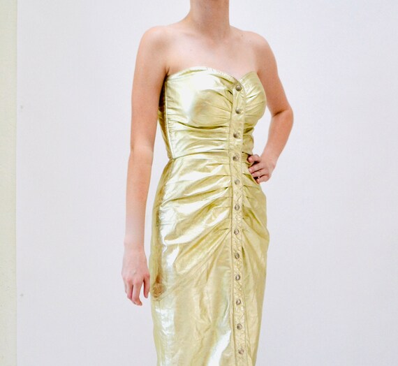 90s Metallic Gold Strapless Leather Dress by Michael Hoban North Beach Leather XXS // 90s Strapless Leather Dress Gold Size XXS Xs Small