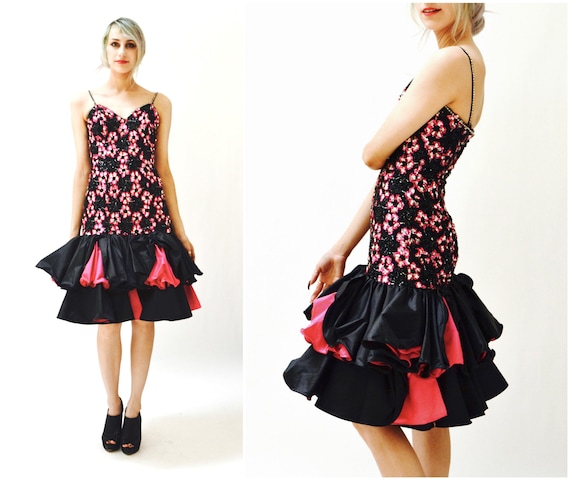 80s Vintage Prom Dress In Black and Pink XXS XS S… - image 1