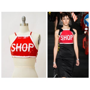 Vintage Moschino Couture STOP SHOP Sign Red White Sequin Crop Top Size XS Vintage Red Sequin Pop Art Crop Top Paris Hilton Moschino top