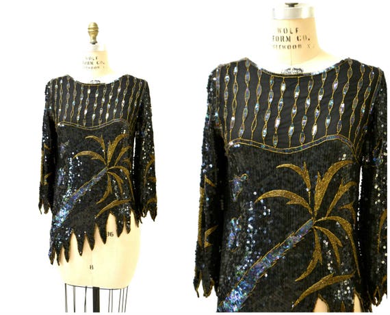 Vintage Metallic Sequin Shirt Black Art Deco Flap… - image 1