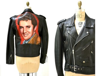 Vintage Black Leather Jacket Elvis Presley //Vintage Leather Jacket LA Roxx Carlos Cartegena Rock and Roll Music Air Brushed Painted