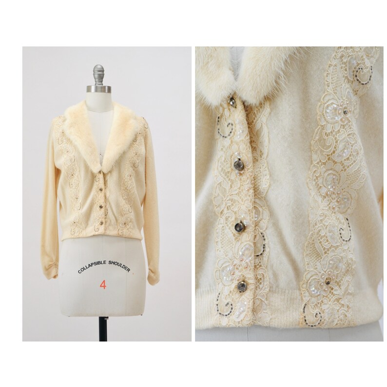 50s Vintage Cream Mink Fur Collar Beaded Cardigan Sweater Rhinestone Buttons Small Medium Vintage Wedding Fur Collared Cashmere Cardigan image 3