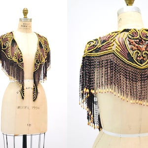 Vintage Gold Black Beaded Rhinestone Shawl Wrap Burlesque Wedding Flapper Gold Metallic Beaded Vintage Fringe Collar Shawl GOld Flapper image 1