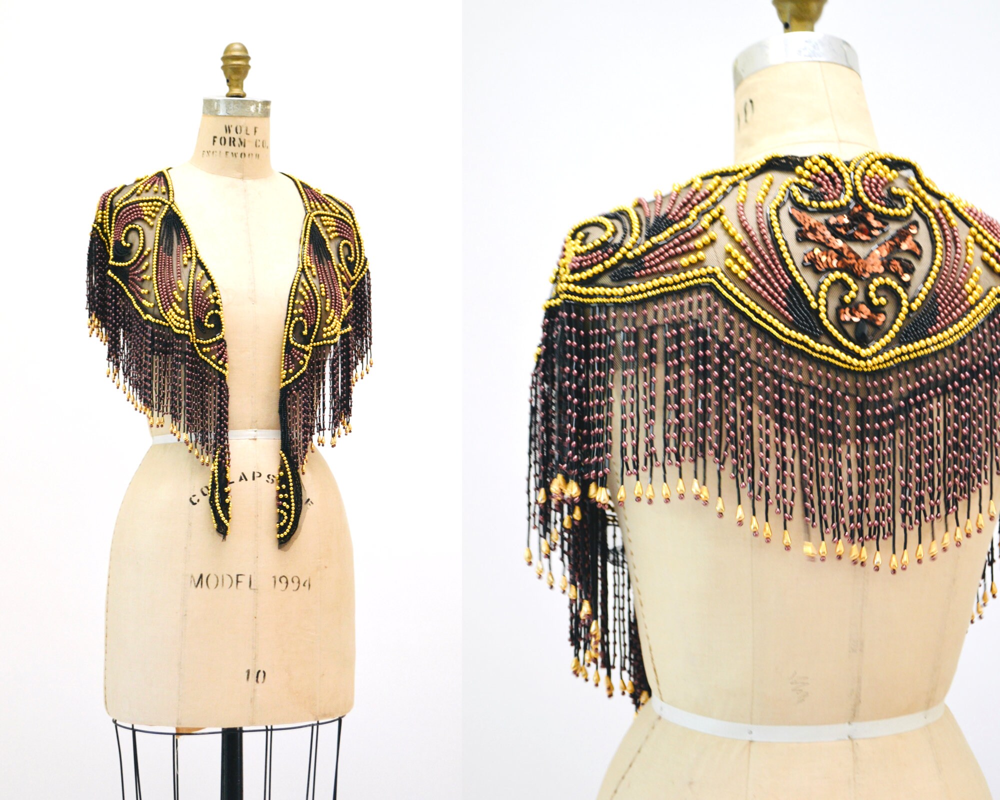 Vintage Gold Black Beaded Rhinestone Shawl Wrap Burlesque 