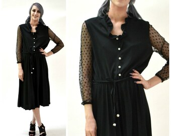 Vintage Black Dress Knit Medium Large Illusion Dress// 70s 80s Black Knit Dress Ruffle Neck Pleat Skirt Travel Dress Medium Large