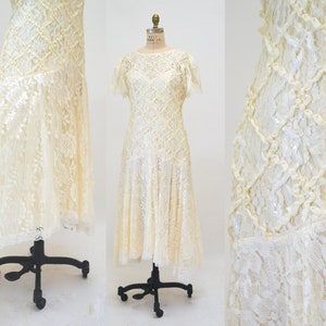 80s does 20s Vintage Lace Sequin Dress Medium Cream Off White// Vintage Sequin Lace Wedding Dress Boho Flapper Inspired Cream Lace Dress image 10