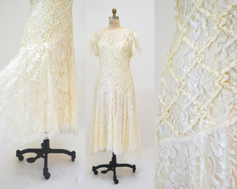 80s does 20s Vintage Lace Sequin Dress Medium Cream Off White// Vintage Sequin Lace Wedding Dress Boho Flapper Inspired Cream Lace Dress image 10