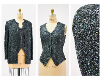 Vintage Black Grey Beaded Sequin Jacket and Beaded Vest by Riazee Size Medium Black Sequin Blazer