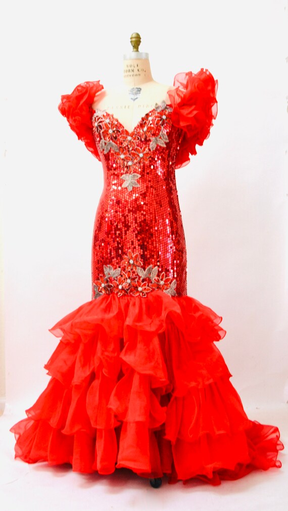 80s 90s Prom Dress Red Sequin Gown Small Medium /… - image 4