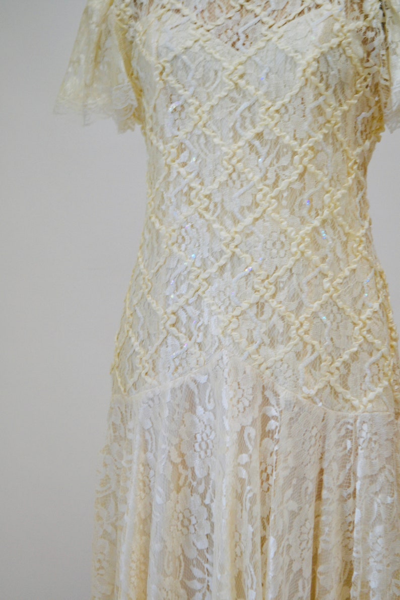 80s does 20s Vintage Lace Sequin Dress Medium Cream Off White// Vintage Sequin Lace Wedding Dress Boho Flapper Inspired Cream Lace Dress image 7