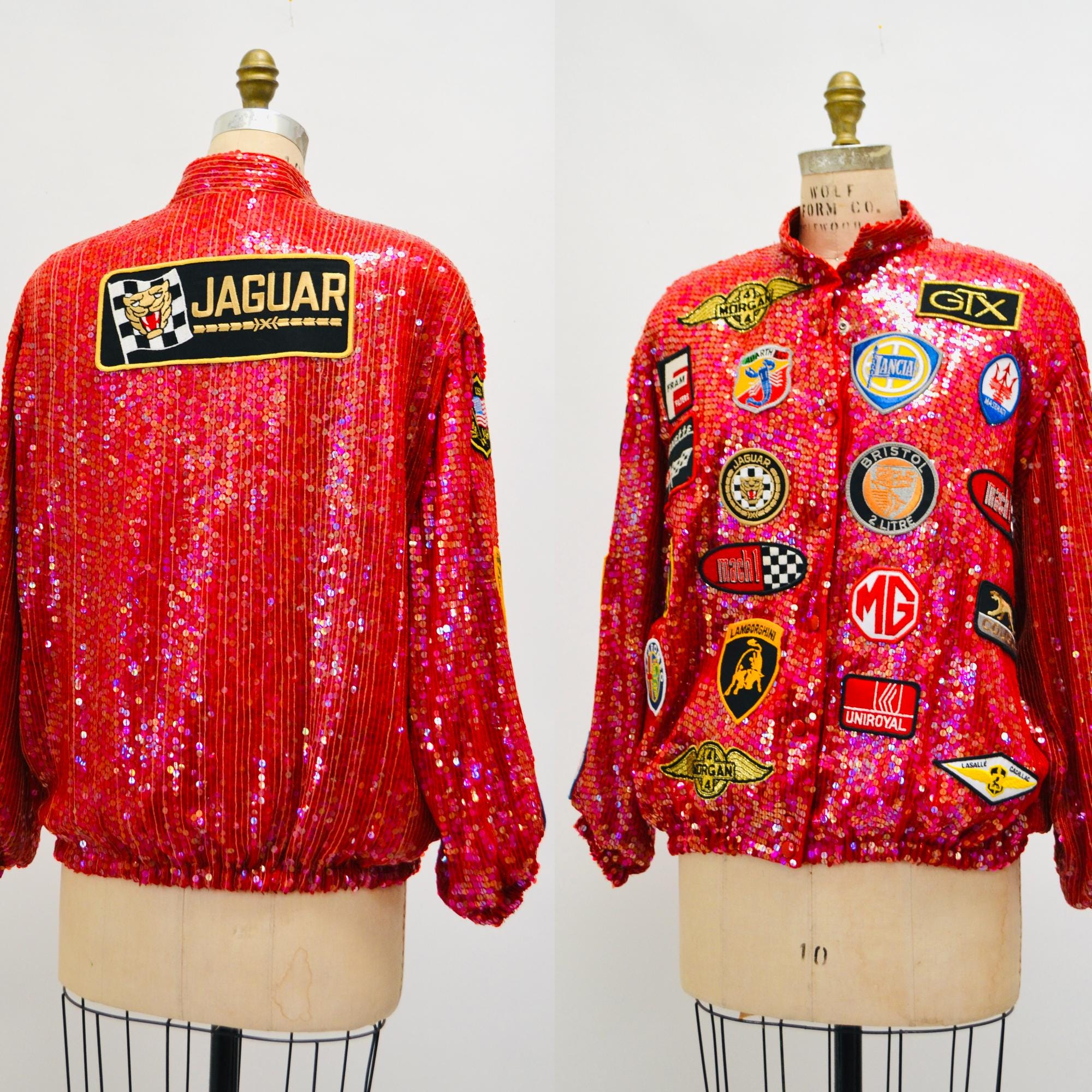 80s 90s Vintage Red Sequin Bomber Jacket Race Car Patches Medium