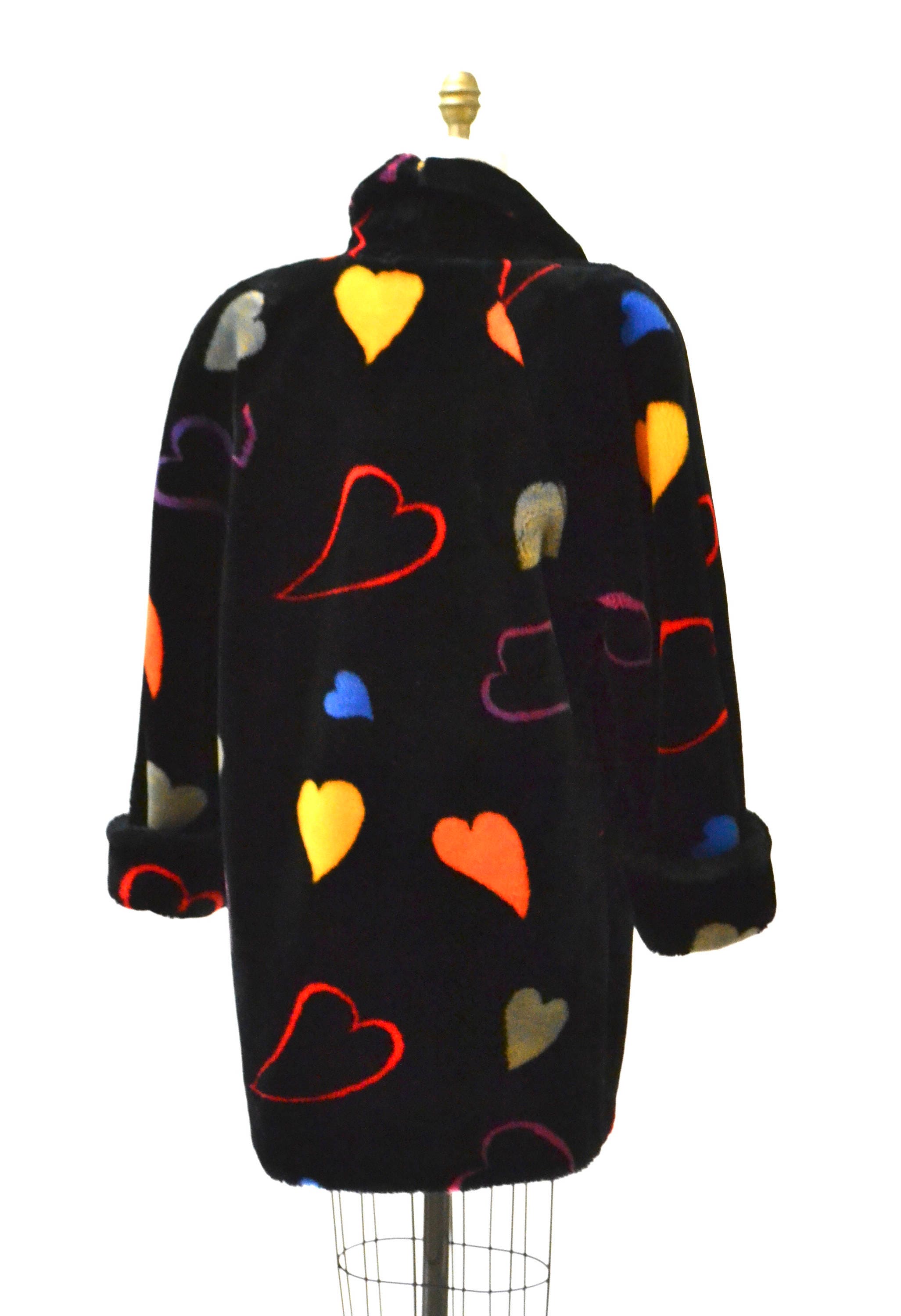Vintage Black Faux Fur Jacket Coat With Hearts 90s Pop Art Rainbow