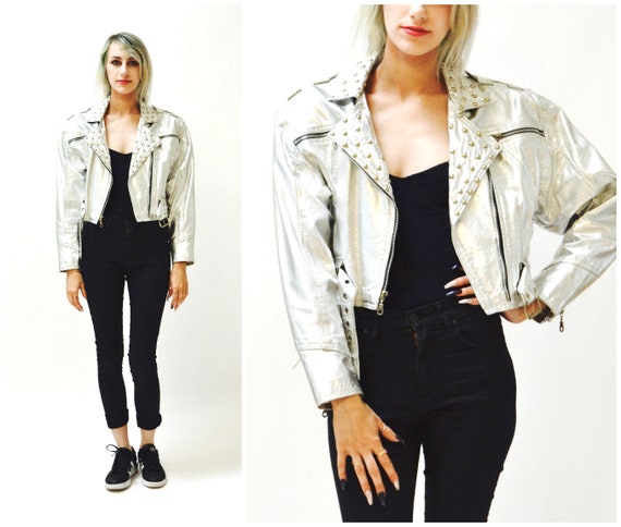 Vintage Silver Metallic Leather Biker Jacket Silve