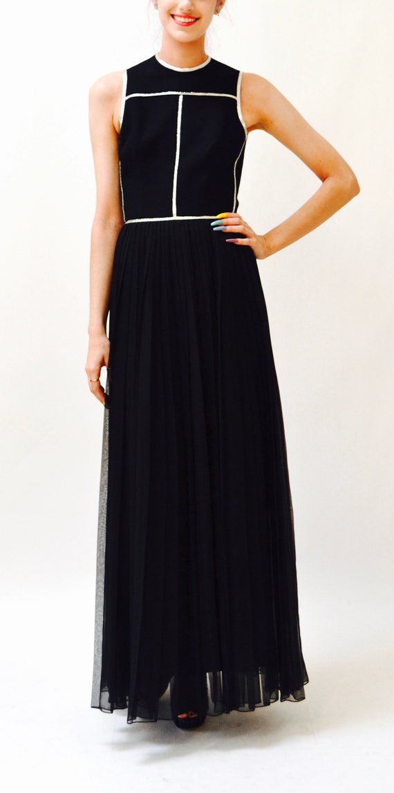 70s Black Maxi Dress Metallic silver Trim long Bl… - image 7