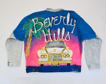 80s 90s Vintage Denim Jacket Beverly Hills California Painted Rhinestones Airbrushed JEAN Jacket Large XL Tony Alamo Inspired Acid Wash