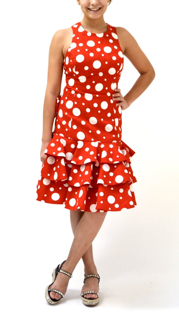 80s does 50s Vintage Party Dress Red Polka Dots b… - image 2