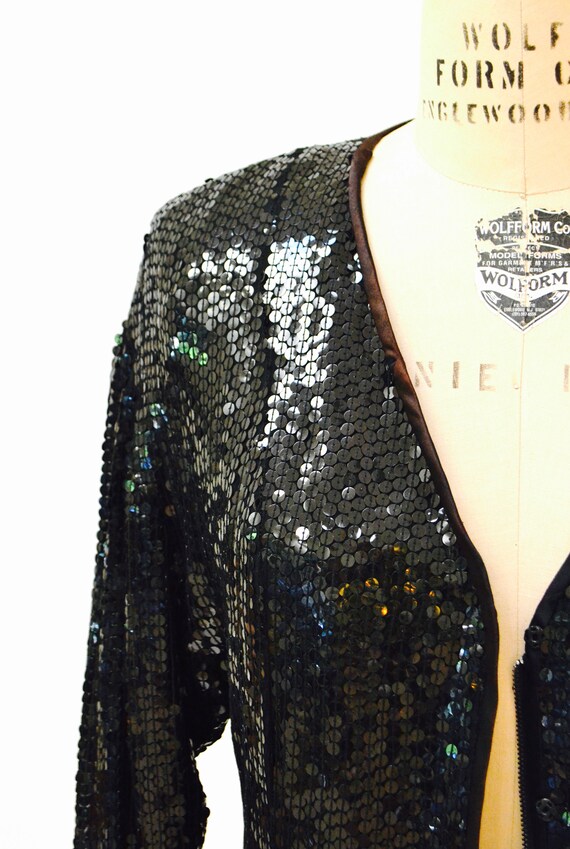 Vintage Black Sequin Jacket Medium// Black Silk S… - image 3